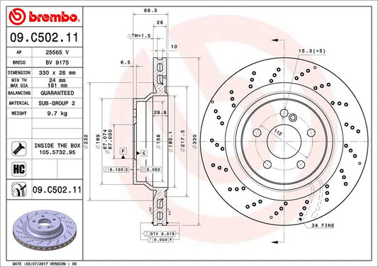 BREMBO 09C50211C02 Brembo 09.C502.11 UV Coated vented drilled Rear Brake Rotor MERCEDES-BENZ OE# A2114231012
