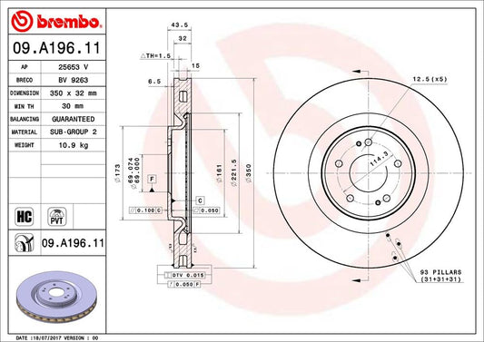 BREMBO 09A19611C02 Brembo 09.A196.11 UV Coated Pillar Vented Front Brake Rotor MITSUBISHI OE# 4615A024