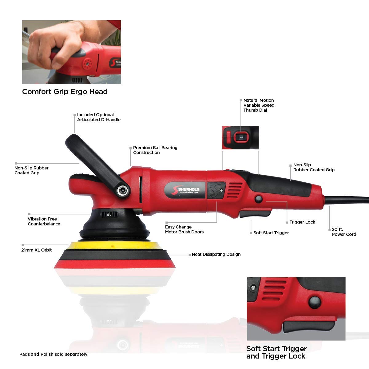 Shurhold 3500 Shurhold 3500 Dual Action Polisher Pro Buffing Tool for Boat, RV & Auto Detailing, Variable Speed, Ergonomic Grip
