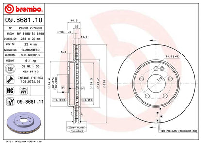 BREMBO 09.8681.11 Brembo 09.8681.11 UV Coated Pillar Vented Front Brake Rotor MERCEDES-BENZ OE# A1694211112