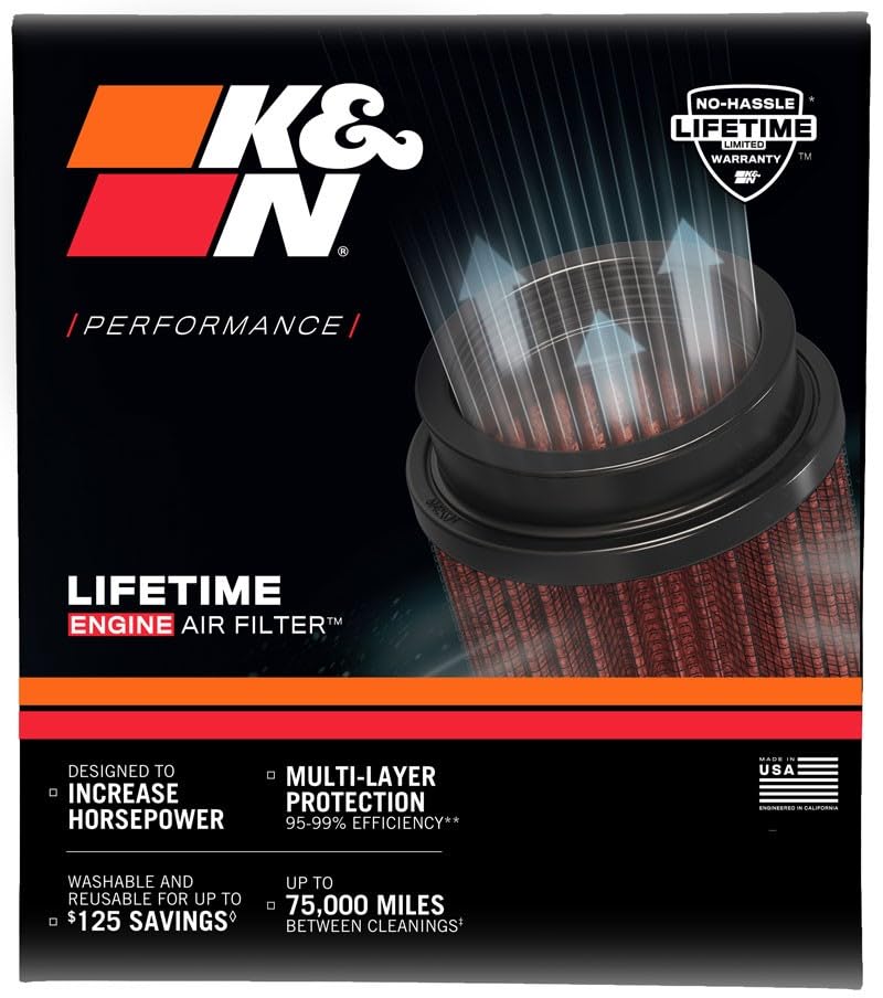 K&N FILTER RU-2820 K&N High-Flow Original Lifetime Universal Clamp-On Air Filter: High Performance, Premium, Washable: Flange Diameter: 3 In, Filter Height: 6.5 In, Flange Length: 0.625 In, Shape: Round, RU-2820
