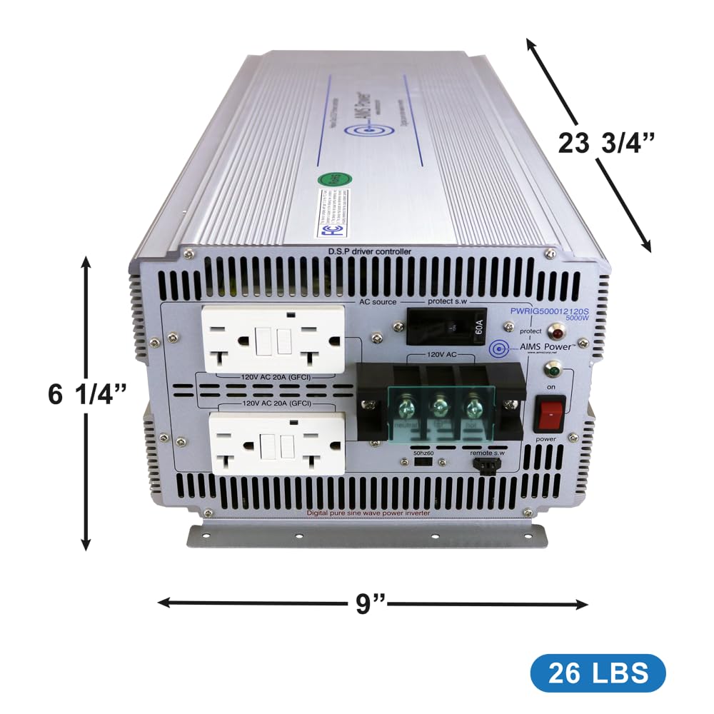 AIMS Power PWRIG500012120S AIMS 5000W 12V Industrial Pure Sine Inverter GFCI 120V PWRIG500012120S