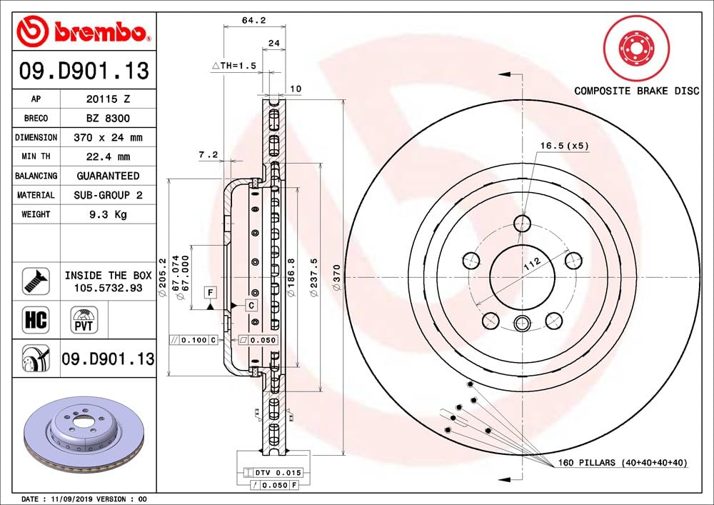 BREMBO 09D90113C02 Brembo 09.D901.13 Composite two piece UV Coated Pillar Vented Brake Rotor BMW OE# 34206880080