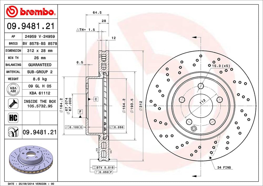 BREMBO 09948121C02 Brembo 09.9481.21 UV Coated vented drilled Front Brake Rotor MERCEDES-BENZ OE# A2304210412