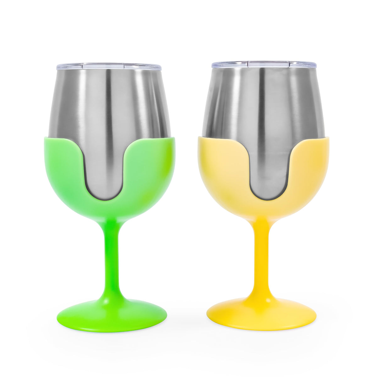 CAMCO 51916 Stainless Steel Wine Tumbler Set with Removable Sunshine Yellow and Lime Green Wine Glass Stems- Leak Proof Lid, Vacuum Insulated, BPA Free 8 oz - (51916)