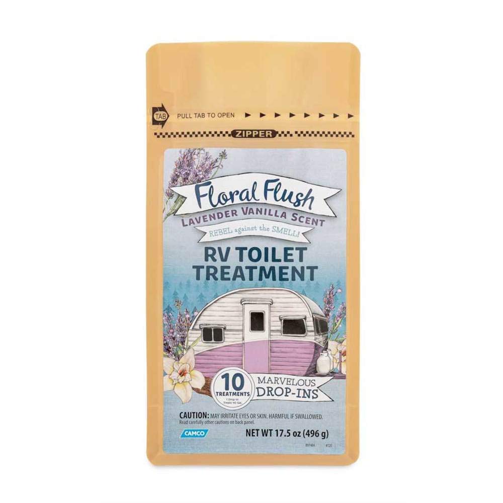 CAMCO 41490 Camco 41490 Floral Flush RV Toilet Treatment Drop-Ins, Lavender Vanilla Scent - Eliminates Odors and Breaks Down Waste - One Drop-in Treats Up to a 40-Gallon Tank - (10) Drop-Ins Per Bag