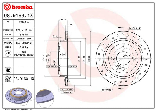 BREMBO 0891631XC02 Brembo 08.9163.1X Xtra UV Coated solid drilled Rear Brake Rotor MINI OE# 34211503070