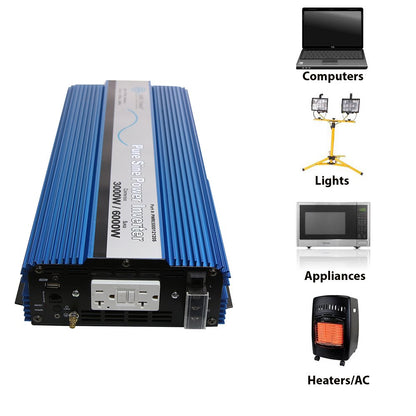 AIMS POWER PWRI300012120S AIMS Power PWRI300012120S Pure Sine Inverter, 3000 Watt Continuous Power, 6000 Watt Surge Peak Power, 12 Volt DC Input, Pure Sine Wave, GFCI Outlet, AC Direct Connect Terminal Block