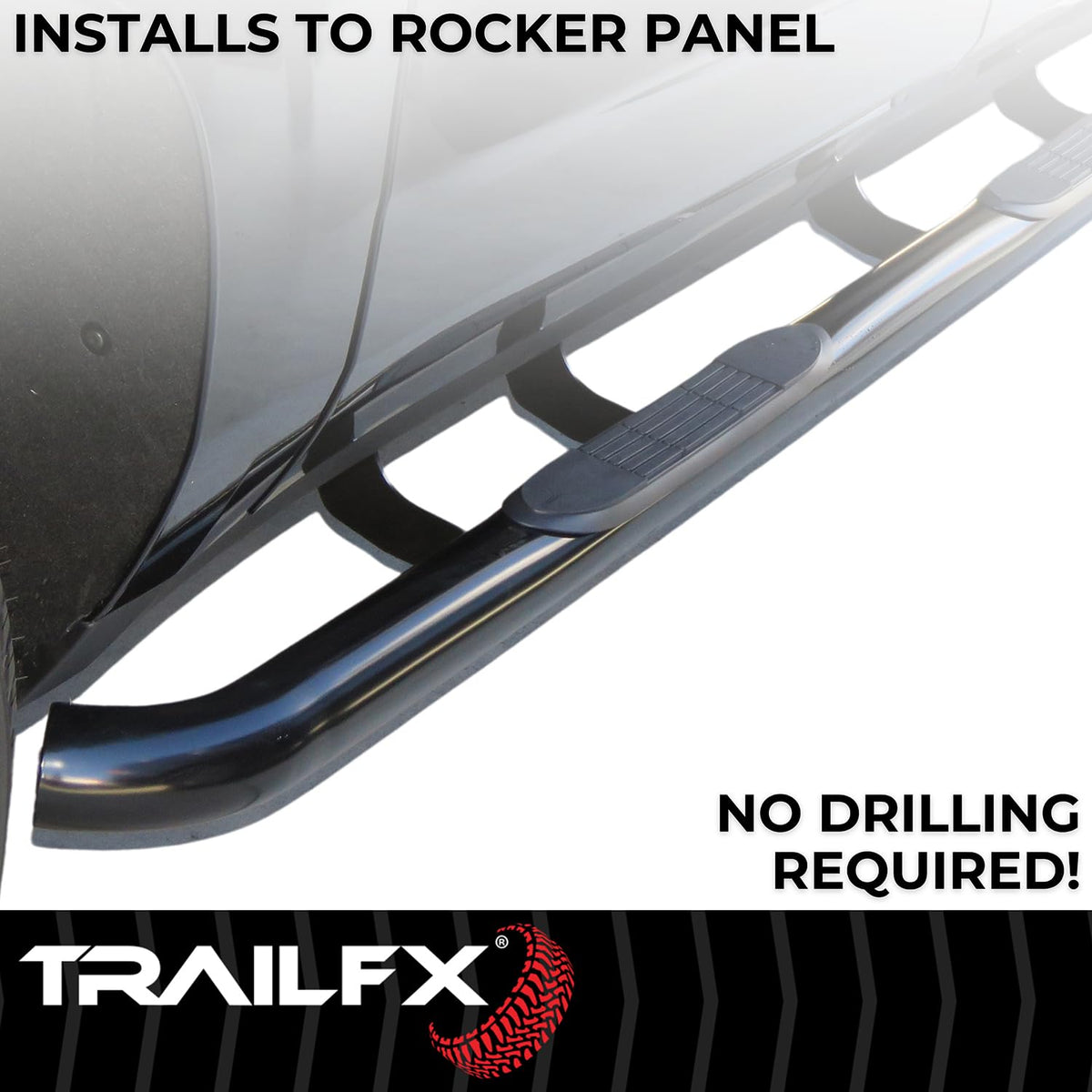 TRAILFX A0069T TrailFX Nerf Bar A0069T, 3 Inch Round Bent, Black Powder Coated, with Step Pads, W/O End Caps, Rocker Panel Mount, Fits 2025 Toyota 4Runner (Will Not Fit Models with Lower Rocker Panel Extensions)