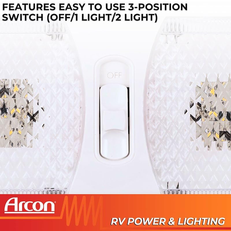 ARCON 20712N Arcon LED Double Ceiling Light 12V Soft White SMD Clear Lens 11.56 x 4.95 Inch Euro-Style Dome Lighting with On Off On Switch RV Camper Trailer Interior Light 20712N