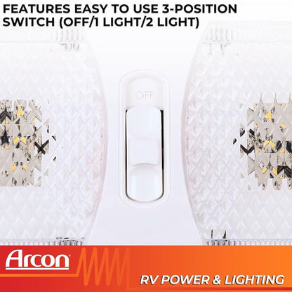 ARCON 20712N Arcon LED Double Ceiling Light 12V Soft White SMD Clear Lens 11.56 x 4.95 Inch Euro-Style Dome Lighting with On Off On Switch RV Camper Trailer Interior Light 20712N