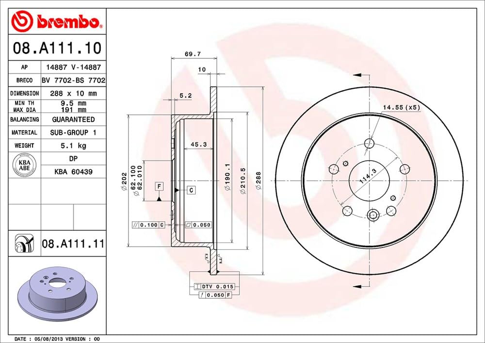 BREMBO 08A11111C02 Brembo 08.A111.11 UV Coated solid Rear Brake Rotor LEXUS/TOYOTA OE# 4243148041