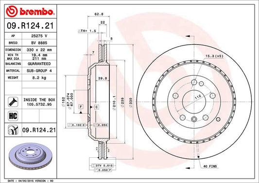 BREMBO 09.R124.21 Brembo 09.R124.21 UV Coated vented Rear Brake Rotor MERCEDES-BENZ OE# A1644230612