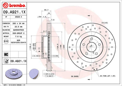 BREMBO 09A9211XC02 Brembo 09.A921.1X Xtra UV Coated vented drilled Front Brake Rotor SUBARU/TOYOTA OE# 26300SA000