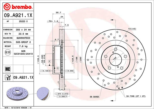 BREMBO 09A9211XC02 Brembo 09.A921.1X Xtra UV Coated vented drilled Front Brake Rotor SUBARU/TOYOTA OE# 26300SA000