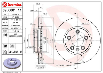 Brembo 09.C881.11 UV Coated Pillar Vented Front Brake Rotor