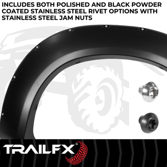 TRAILFX TFF3005S TrailFX Fender Flares for Ford F-250 Super Duty 2011-2016 Pocket Style Black Smooth Paintable Polypropylene Set of 4 Fender Flares with Stainless and Black Steel Rivets TrailFX TFF3005S