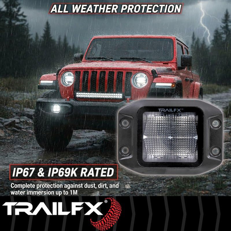 TRAILFX 2X2FMBKF1 Trailfx Driving/Fog Light 2X2FMBKF1, LED Bulb, 4 Clear LED 10 Watt Bulbs, 3 Inch Square, 90 Degree Flood Beam, Clear Lens, Bracket Mount, 4800 Raw Lumens/ 3320 Effective Lumens, Set Of 2