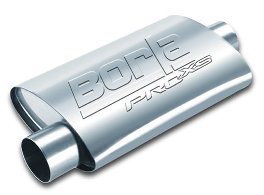 BORLA 40359 BORLA 40359 ProXS Universal Performance Muffler 3" Offset Inlet / 3" Center Outlet 14" Long body 19" Overall Length Un-Notched Necks Reversible Design T-304 Stainless Steel