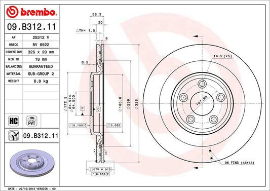 BREMBO 09B31211C02 Brembo 09.B312.11 UV Coated Pillar Vented Rear Brake Rotor DAIMLER/JAGUAR OE# C2C25339