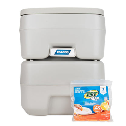 CAMCO 41541 Camco 5.3-Gallon Portable Toilet - Features Detachable Holding Tank w/Sealing Slide Valve & Bellow-Type Flush - Easy Transport w/Compact Lightweight Design & Carry Handle - Gray (41541)