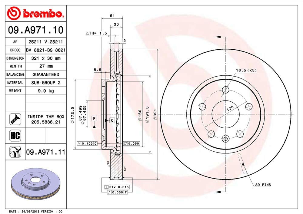 BREMBO 09A97111C02 Brembo 09.A971.11 UV Coated vented Front Brake Rotor BUICK (SGM)/CHEVROLET/CHEVROLET (SGM)/OPEL/ROEWE (SAIC)/SAAB/VAUXHALL OE# 569422