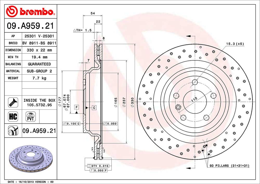 BREMBO 09A95921C02 Brembo 09.A959.21 UV Coated Pillar Vented drilled Rear Brake Rotor MERCEDES-BENZ OE# A1664230412