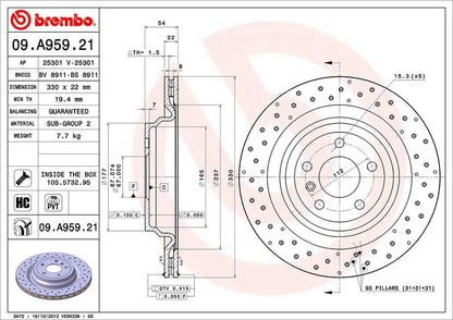 BREMBO 09A95921C02 Brembo 09.A959.21 UV Coated Pillar Vented drilled Rear Brake Rotor MERCEDES-BENZ OE# A1664230412