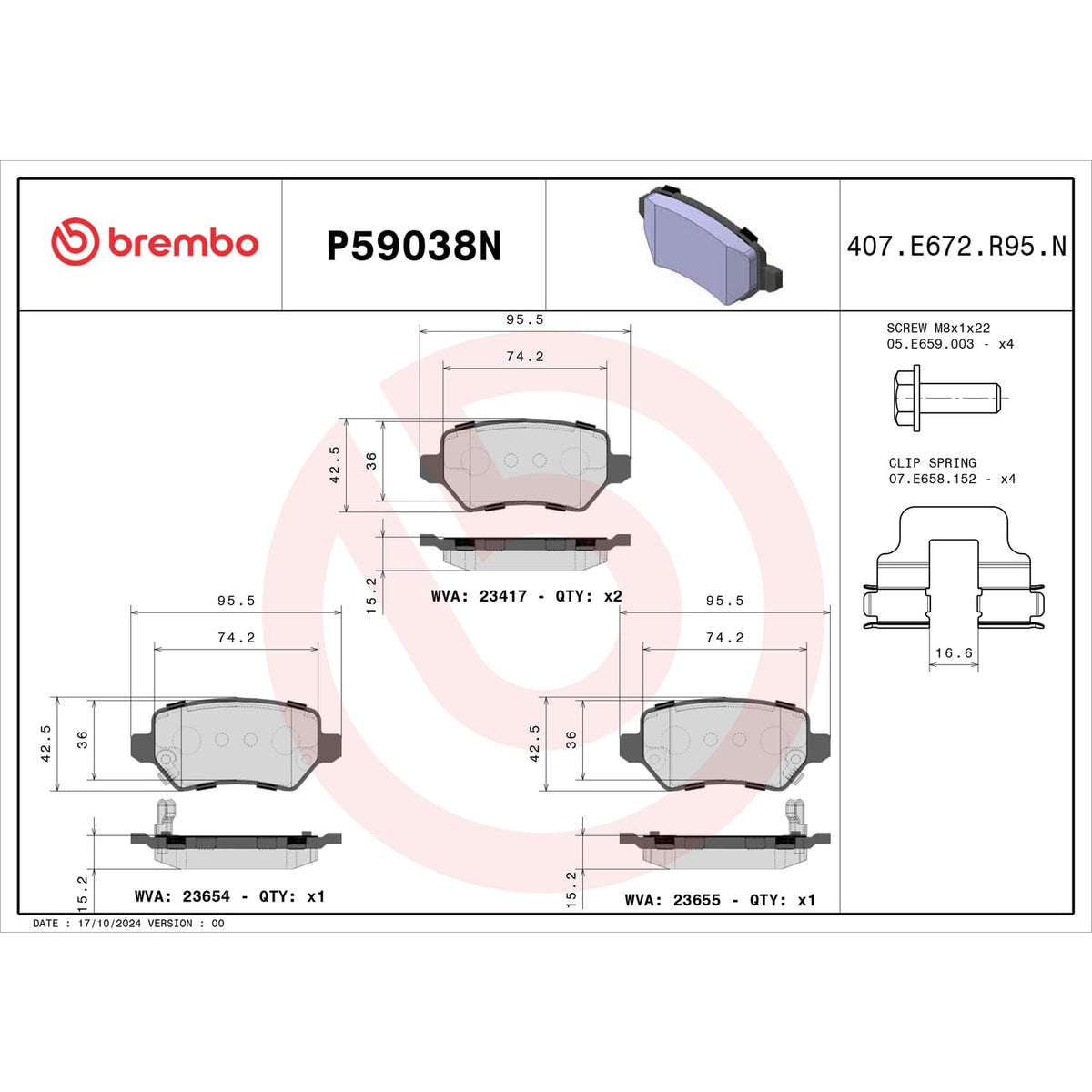 BREMBO P59038N Brembo P59038N Premium Ceramic Rear Disc Brake Pad Set CHEVROLET/HOLDEN/HSV/KIA/LADA/OPEL/VAUXHALL OE# 1605625