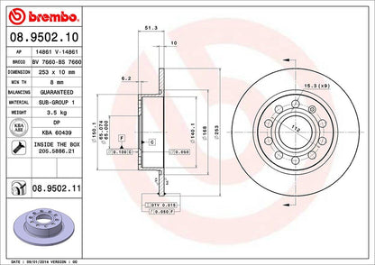BREMBO 08950211C02 Brembo 08.9502.11 UV Coated solid Rear Brake Rotor AUDI/SEAT/SKODA/SKODA (SVW)/VW/VW (FAW)/VW (SVW) OE# 1K0615601AB