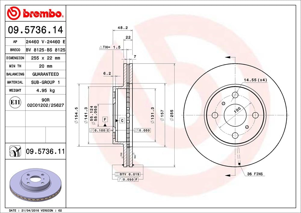 BREMBO 09573611C02 Brembo 09.5736.11 UV Coated vented Front Brake Rotor GREAT WALL/TOYOTA OE# 4351212550