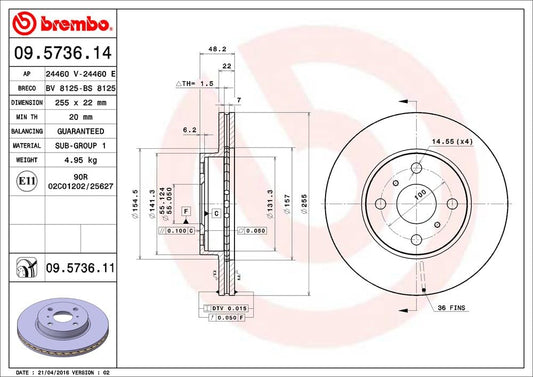 BREMBO 09573611C02 Brembo 09.5736.11 UV Coated vented Front Brake Rotor GREAT WALL/TOYOTA OE# 4351212550