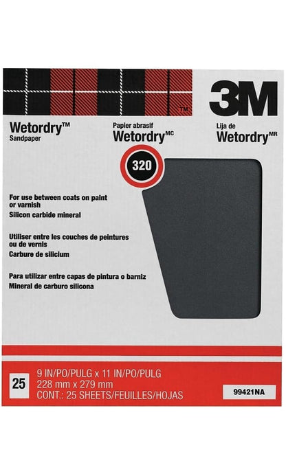 3M 99421 3M Pro-Pak Wetordry Between Finish Coats Sanding Sheets, 320A-Grit, 9-Inch by 11-Inch, 25-Pack