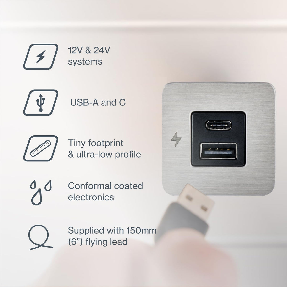 SCANSTRUT SC-TILE-11 Scanstrut SC-TILE-11 USB-A & USB-C Interior Charging Socket, 12/24V Ultra-Low Profile Fast Charger, Brushed Stainless Steel Bezel, Flush-Mount USB Charger for Boats, RVs & Vehicles