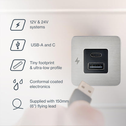 SCANSTRUT SC-TILE-11 Scanstrut SC-TILE-11 USB-A & USB-C Interior Charging Socket, 12/24V Ultra-Low Profile Fast Charger, Brushed Stainless Steel Bezel, Flush-Mount USB Charger for Boats, RVs & Vehicles