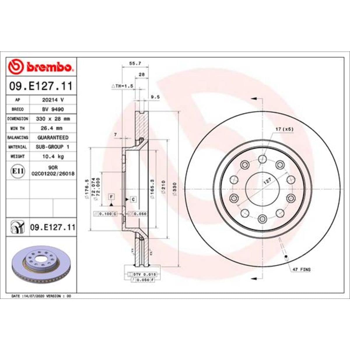 BREMBO 09E12711C02 Brembo 09.E127.11 UV Coated vented Front Brake Rotor JEEP OE# 68250085AA