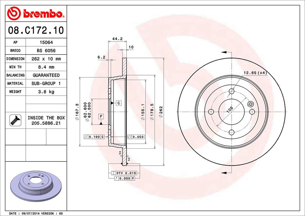 BREMBO 08C17210C02 Brembo 08.C172.10 Standard solid Rear Brake Rotor HYUNDAI/HYUNDAI (BEIJING)/KIA/KIA (DYK) OE# 584110U300