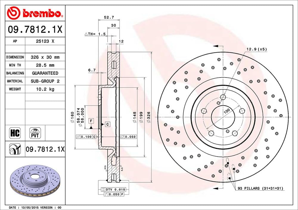 BREMBO 0978121XC02 Brembo 09.7812.1X Xtra UV Coated Pillar Vented drilled Front Brake Rotor SUBARU OE# 26300FE000