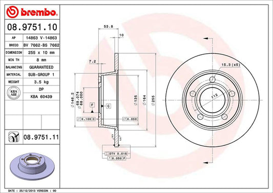 BREMBO 08.9751.11 Brembo 08.9751.11 UV Coated solid Rear Brake Rotor AUDI OE# 4B0615601A