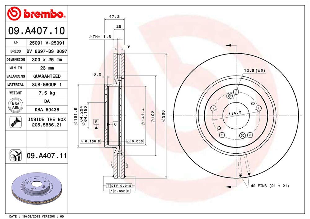 BREMBO 09A40711C02 Brembo 09.A407.11 UV Coated vented Front Brake Rotor HONDA/HONDA (DONGFENG) OE# 45251S9AE50
