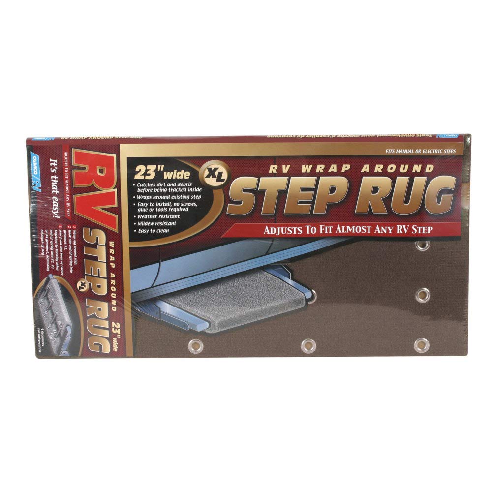 CAMCO 42931 Camco Wrap Around Step Rug | Protects Your RV from Unwanted Tracked in Dirt | Works on Electrical and Manual RV Steps - Extra Large | Brown (42931)