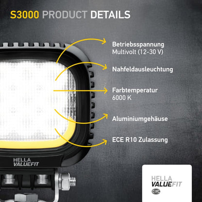 HELLA 357109031 HELLA 1GA 357 109-031 LED-Worklight S3000 2.0 - 12/24V - 3000lm - mounting - Bracket system - Short distance lighting - Cable: 300mm - Quantity: 1