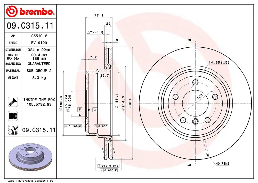 BREMBO 09C31511C02 Brembo 09.C315.11 UV Coated vented Rear Brake Rotor BMW OE# 34216778649