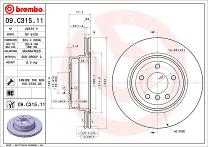 BREMBO 09C31511C02 Brembo 09.C315.11 UV Coated vented Rear Brake Rotor BMW OE# 34216778649