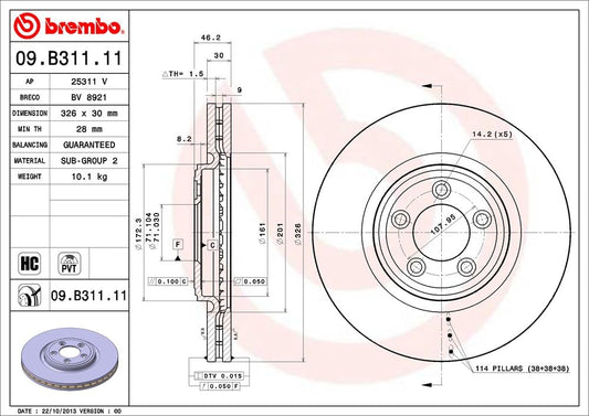 BREMBO 09B31111C02 Brembo 09.B311.11 UV Coated Pillar Vented Front Brake Rotor DAIMLER/JAGUAR OE# C2C25336