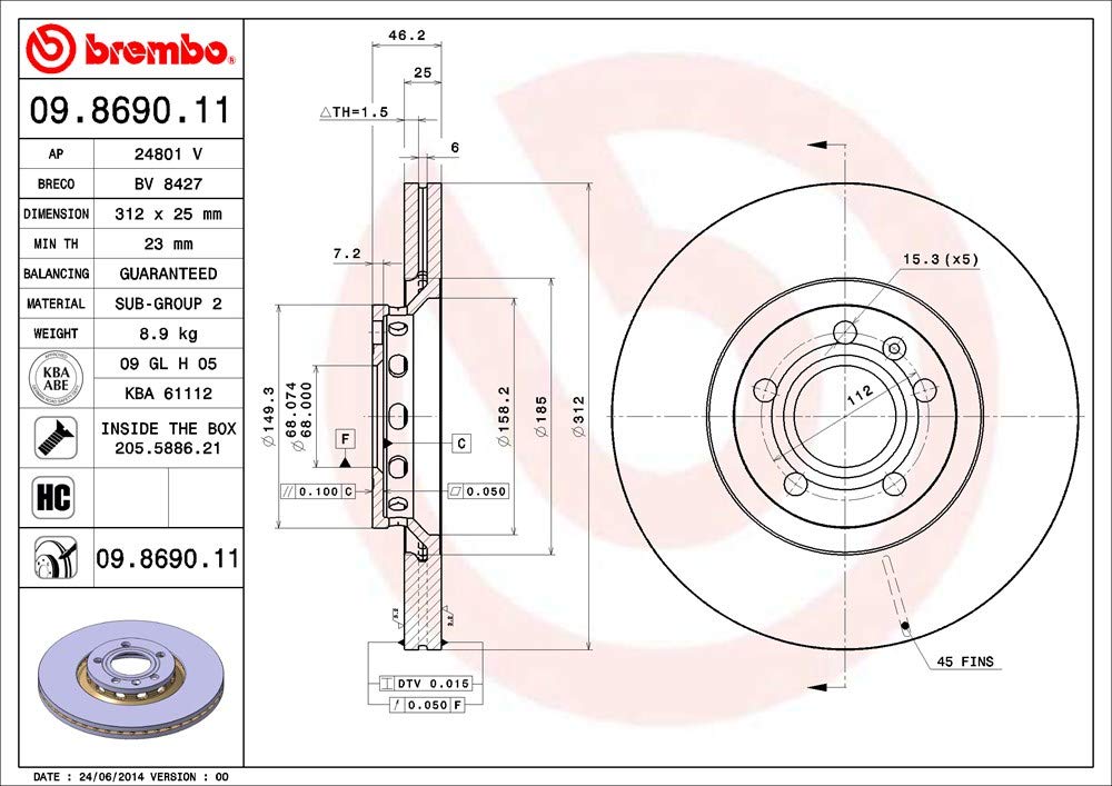 BREMBO 09869011C02 Brembo 09.8690.11 UV Coated vented Front Brake Rotor AUDI/AUDI (FAW)/SEAT/SKODA/VW/VW (SVW)/ZHONGHUA (BRILLIANCE) OE# 8E0615301R