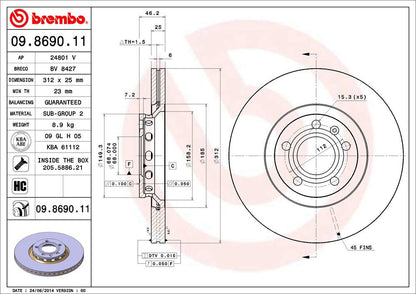 BREMBO 09869011C02 Brembo 09.8690.11 UV Coated vented Front Brake Rotor AUDI/AUDI (FAW)/SEAT/SKODA/VW/VW (SVW)/ZHONGHUA (BRILLIANCE) OE# 8E0615301R