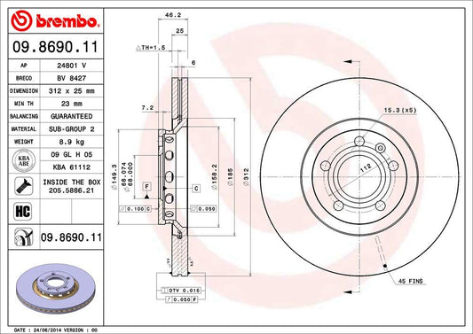 BREMBO 09869011C02 Brembo 09.8690.11 UV Coated vented Front Brake Rotor AUDI/AUDI (FAW)/SEAT/SKODA/VW/VW (SVW)/ZHONGHUA (BRILLIANCE) OE# 8E0615301R