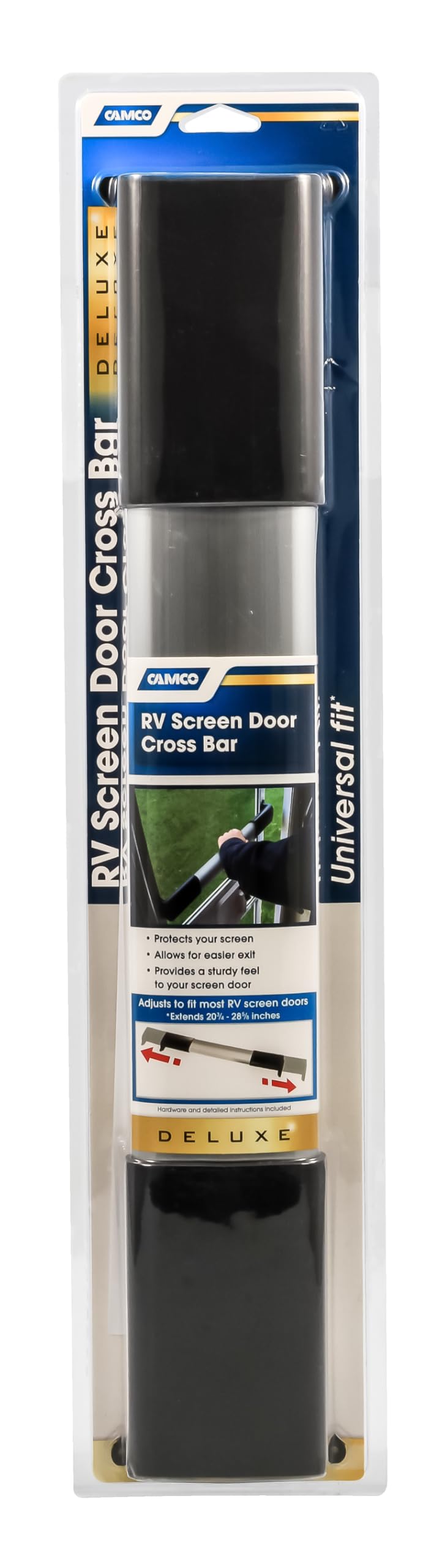 CAMCO 42188 Camco RV Screen Door Handle Cross Bar - Adjustable Design Bar Extends 21⅝–28⅝ inches - Provides Easier Grip for Exiting & Protects Your Camper Screen Door (42188)