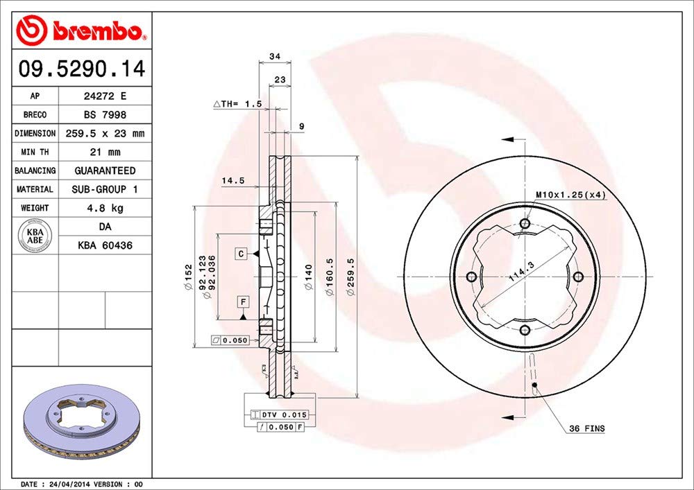 BREMBO 09529014C02 Brembo 09.5290.14 Standard vented Front Brake Rotor ACURA/HONDA OE# 45251SM4020